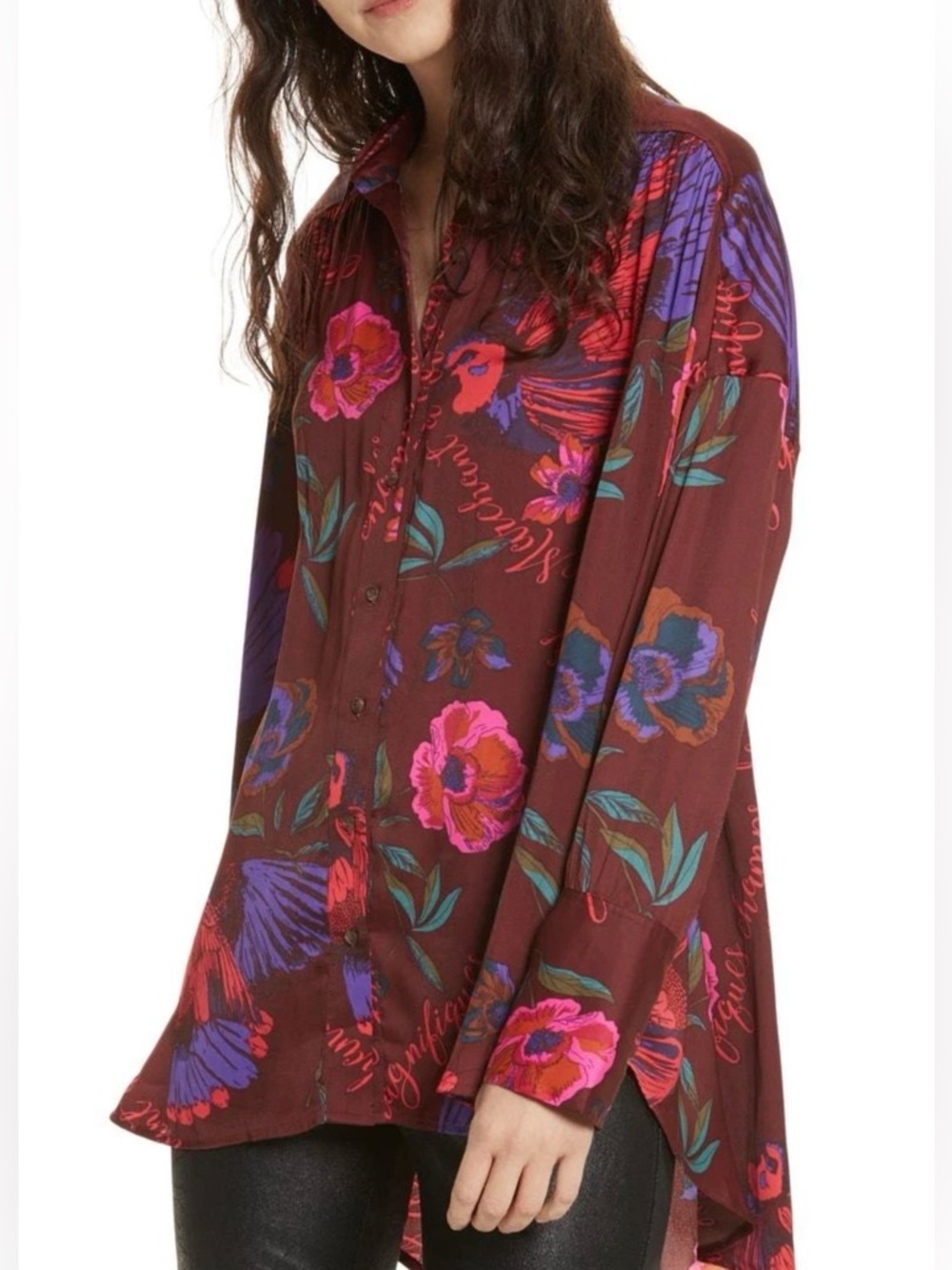 Free People Silky Nights Blouse Cranberry Wine Floral Button-up Tunic Size Small